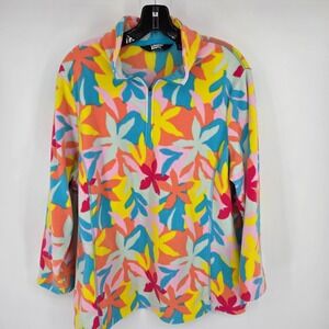 Lands End 1X Plus  Fleece Quarter Zip Pullover Tropical Floral Print Sweatshirt